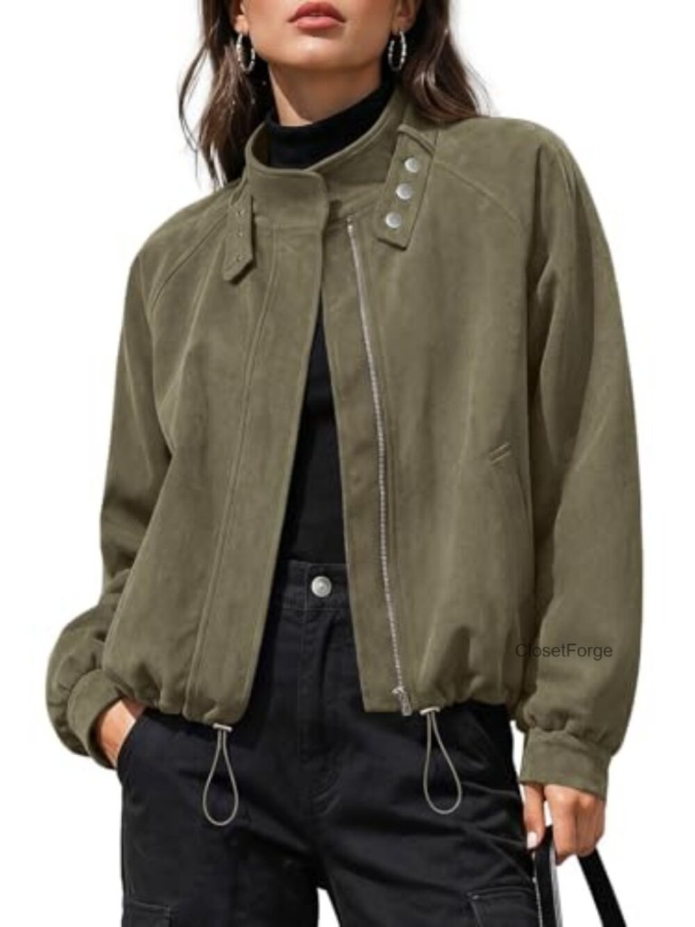 Women's Faux Suede Bomber Jacket Stand Collar Cropped Shacket